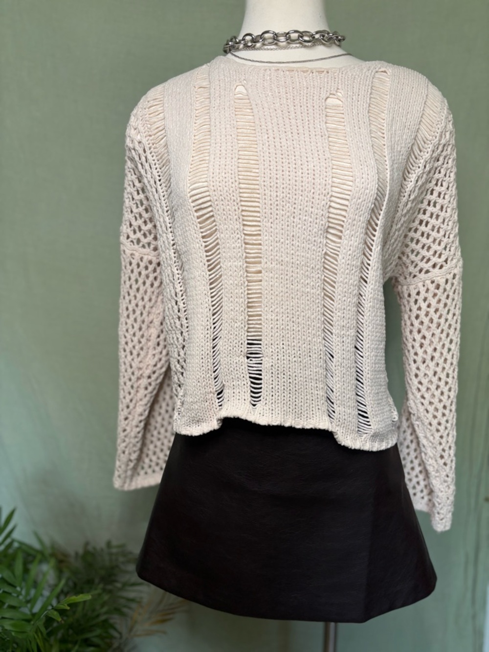 Sadie & Sage Cream Open-Stitch Crewneck Sweater